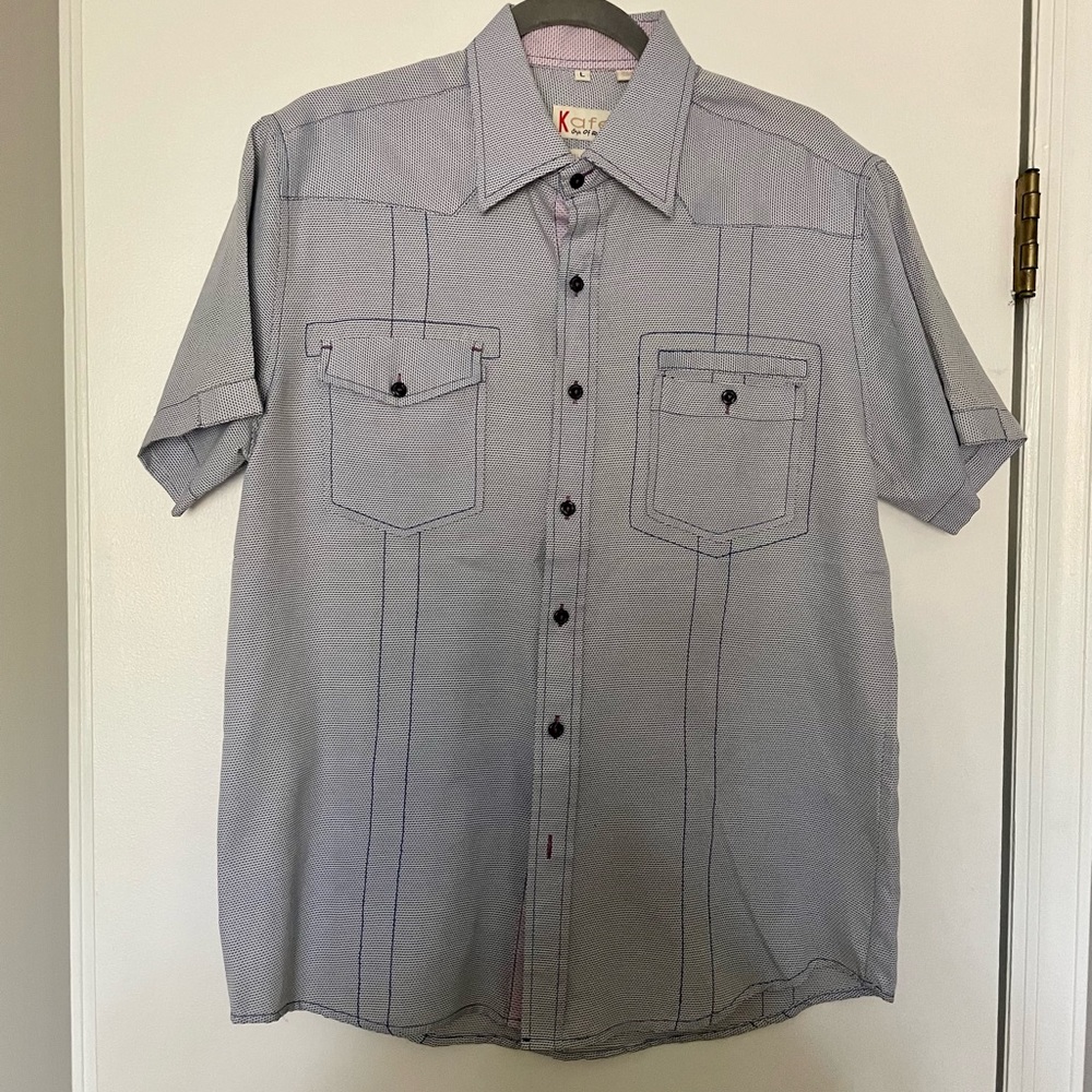 Seamed Blue Dot Short Sleeve Button Down Shirt